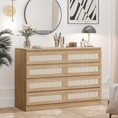 Modern 8-drawer rattan chest: a large farmhouse storage piece for any room.