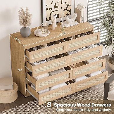 Modern 8-drawer rattan chest: a large farmhouse storage piece for any room.