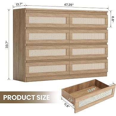 Modern 8-drawer rattan chest: a large farmhouse storage piece for any room.