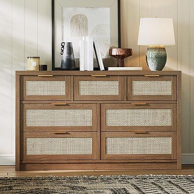 7-Drawer Rattan Dresser with Gold Handles. A Farmhouse TV Stand & Storage Solution.