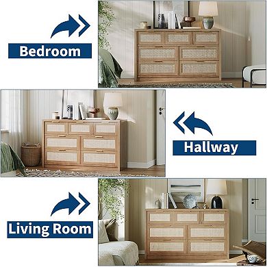 7-Drawer Rattan Dresser with Gold Handles. A Farmhouse TV Stand & Storage Solution.