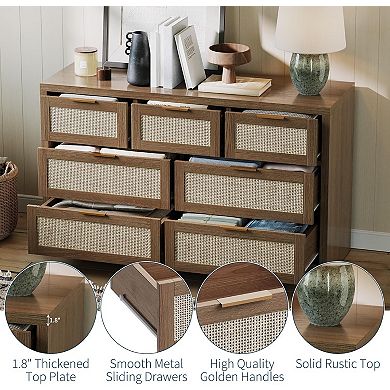 7-Drawer Rattan Dresser with Gold Handles. A Farmhouse TV Stand & Storage Solution.