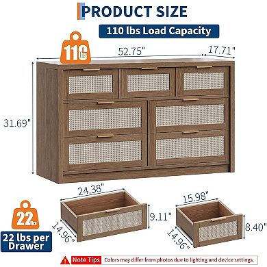 7-Drawer Rattan Dresser with Gold Handles. A Farmhouse TV Stand & Storage Solution.