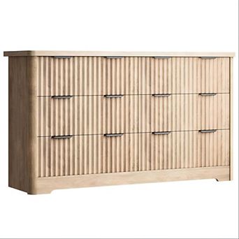 Modern 6-Drawer Dresser with Fluted Design & Wood Top. Functions as a Sturdy TV Stand.