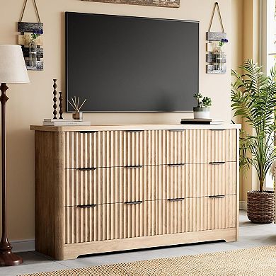 Modern 6-Drawer Dresser with Fluted Design & Wood Top. Functions as a Sturdy TV Stand.