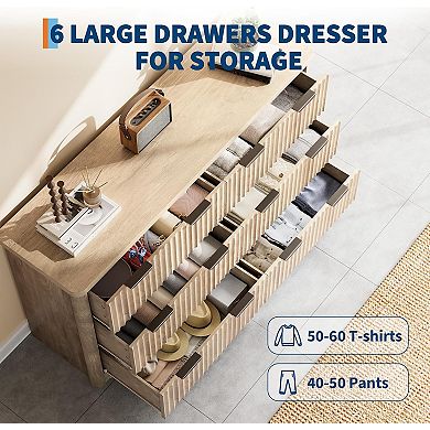 Modern 6-Drawer Dresser with Fluted Design & Wood Top. Functions as a Sturdy TV Stand.