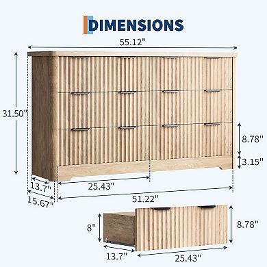 Modern 6-Drawer Dresser with Fluted Design & Wood Top. Functions as a Sturdy TV Stand.