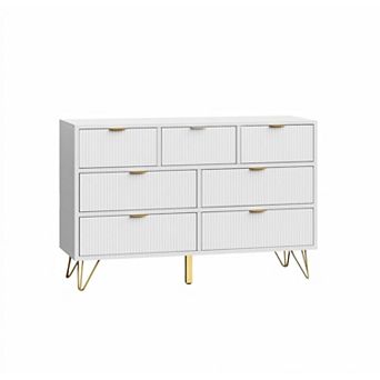 White 7-Drawer Dresser (47.2") with Gold Metal Details. Versatile Slim Storage Solution.