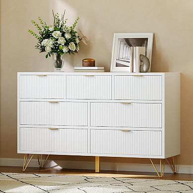 White 7-Drawer Dresser (47.2") with Gold Metal Details. Versatile Slim Storage Solution.