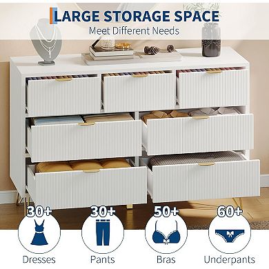 White 7-Drawer Dresser (47.2") with Gold Metal Details. Versatile Slim Storage Solution.