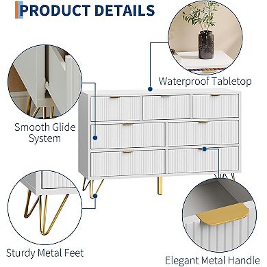White 7-Drawer Dresser (47.2") with Gold Metal Details. Versatile Slim Storage Solution.