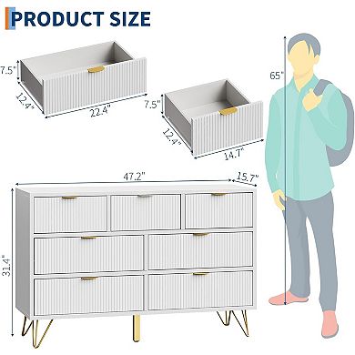 White 7-Drawer Dresser (47.2") with Gold Metal Details. Versatile Slim Storage Solution.
