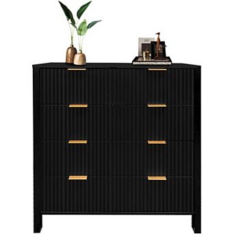 Black Waveform Fluted 4-Drawer Dresser: Modern Storage for Bedroom, Living Room, or Closet.