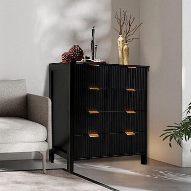 Black Waveform Fluted 4-Drawer Dresser: Modern Storage for Bedroom, Living Room, or Closet.