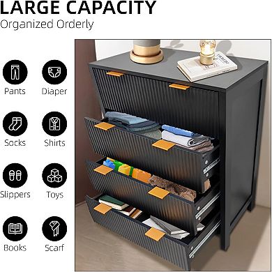 Black Waveform Fluted 4-Drawer Dresser: Modern Storage for Bedroom, Living Room, or Closet.
