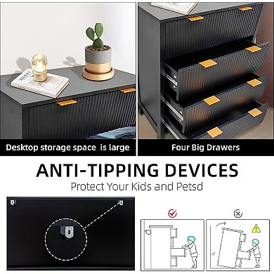 Black Waveform Fluted 4-Drawer Dresser: Modern Storage for Bedroom, Living Room, or Closet.