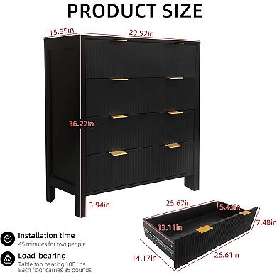Black Waveform Fluted 4-Drawer Dresser: Modern Storage for Bedroom, Living Room, or Closet.