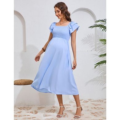 Womens Maternity Dress for Baby Shower Flutter Strap Sleeve Square Neck Smocked Maxi Boho Dress