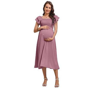 Womens Maternity Dress for Baby Shower Flutter Strap Sleeve Square Neck Smocked Maxi Boho Dress