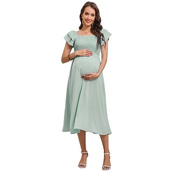 Womens Maternity Dress for Baby Shower Flutter Strap Sleeve Square Neck Smocked Maxi Boho Dress