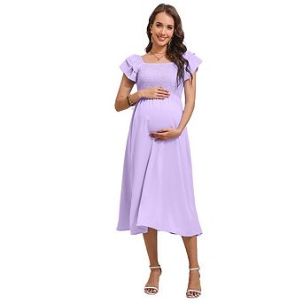 Womens Maternity Dress for Baby Shower Flutter Strap Sleeve Square Neck Smocked Maxi Boho Dress