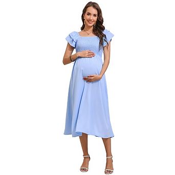 Womens Maternity Dress for Baby Shower Flutter Strap Sleeve Square Neck Smocked Maxi Boho Dress