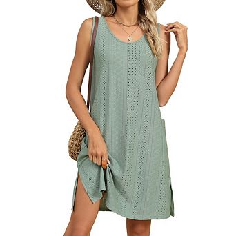 Women's Eyelet Shift Dress Sleeveless Round Neck Side Slits for Casual Vacation Wear with Pockets