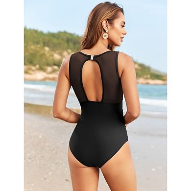 Women's Plunging V Neck Bow Tie Hollow Out High Waist Cutout Back One Piece Bathing Suit