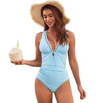 Women's Plunging V Neck Bow Tie Hollow Out High Waist Cutout Back One Piece Bathing Suit