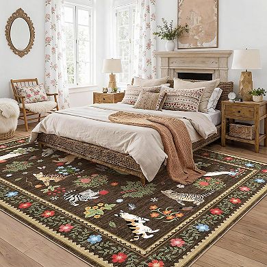 Modern Cat Print Rug,Washable,Non Slip,Stain Resistant Floral Throw Carpet,Low Pile
