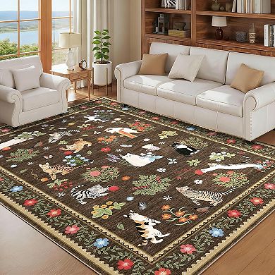 Modern Cat Print Rug,Washable,Non Slip,Stain Resistant Floral Throw Carpet,Low Pile