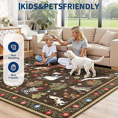Modern Cat Print Rug,Washable,Non Slip,Stain Resistant Floral Throw Carpet,Low Pile