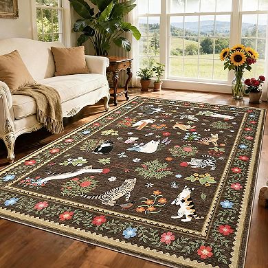 Modern Cat Print Rug,Washable,Non Slip,Stain Resistant Floral Throw Carpet,Low Pile