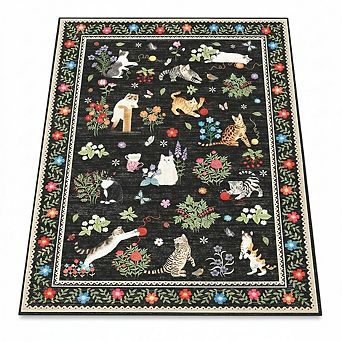 Modern Cat Print Rug,Washable,Non Slip,Stain Resistant Floral Throw Carpet,Low Pile