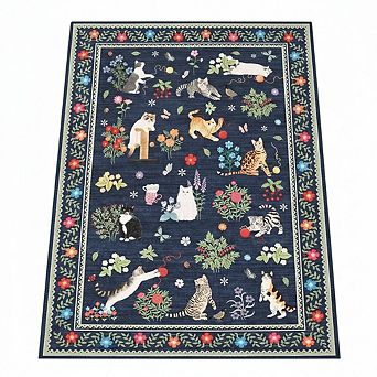 Modern Cat Print Rug,Washable,Non Slip,Stain Resistant Floral Throw Carpet,Low Pile
