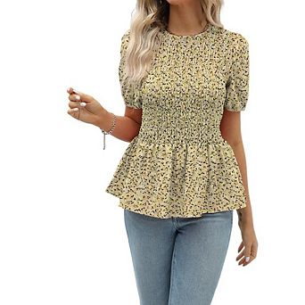 Women's Floral Blouse Puff Short Sleeves Smocked Waist for Casual Office Wear