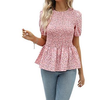 Women's Floral Blouse Puff Short Sleeves Smocked Waist for Casual Office Wear