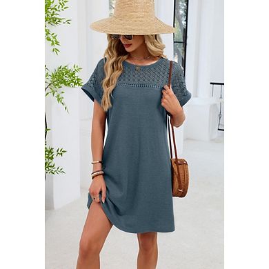 Casual Women's Short Sleeve Dress Solid Color Round Neck Lace Dress Patchwork Loose Shift Dress