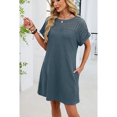 Casual Women's Short Sleeve Dress Solid Color Round Neck Lace Dress Patchwork Loose Shift Dress