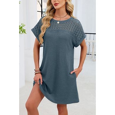 Casual Women's Short Sleeve Dress Solid Color Round Neck Lace Dress Patchwork Loose Shift Dress