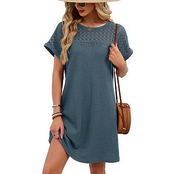 Casual Women's Short Sleeve Dress Solid Color Round Neck Lace Dress Patchwork Loose Shift Dress
