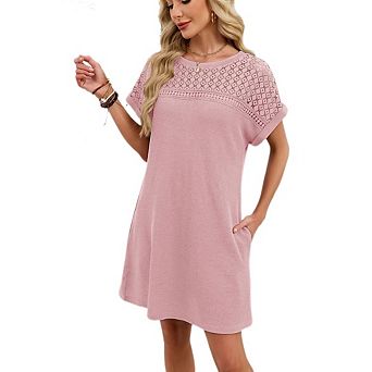 Casual Women's Short Sleeve Dress Solid Color Round Neck Lace Dress Patchwork Loose Shift Dress