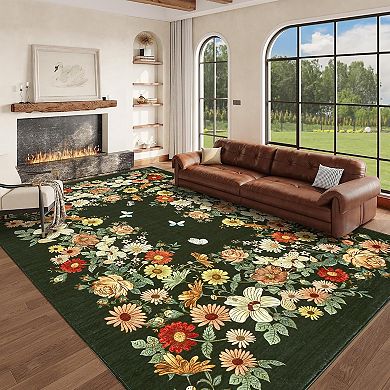 Floral Area Rug,Non Slip,Washable,Low Pile,Ultra-Thin Carpet