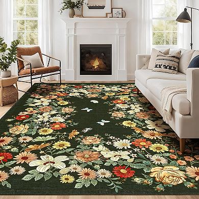 Floral Area Rug,Non Slip,Washable,Low Pile,Ultra-Thin Carpet