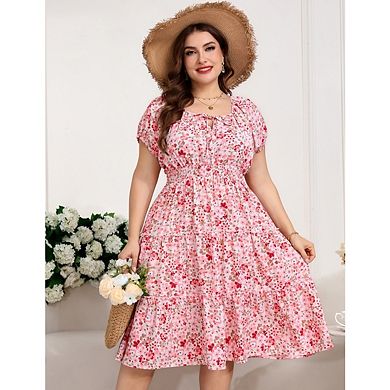 Womens Plus Size Summer Dress Square Neck Short Sleeve Boho Beach Floral Printed Dress with Pockets