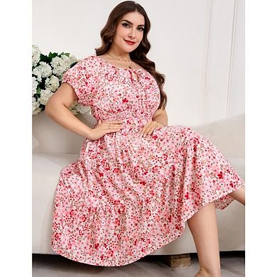 Womens Plus Size Summer Dress Square Neck Short Sleeve Boho Beach Floral Printed Dress with Pockets