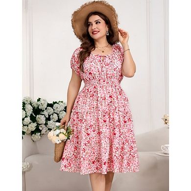 Womens Plus Size Summer Dress Square Neck Short Sleeve Boho Beach Floral Printed Dress with Pockets