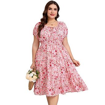 Womens Plus Size Summer Dress Square Neck Short Sleeve Boho Beach Floral Printed Dress with Pockets