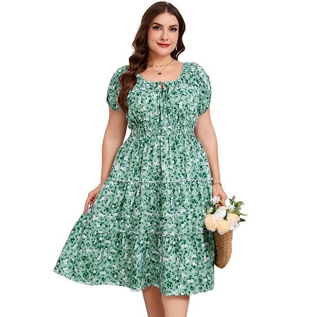 Womens Plus Size Summer Dress Square Neck Short Sleeve Boho Beach Floral  Printed Dress with Pockets
