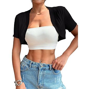 Women's Cardigan Sweaters Short Sleeve Knit Sweater Slim Fit Lightweight Open Front Cropped Cardigan